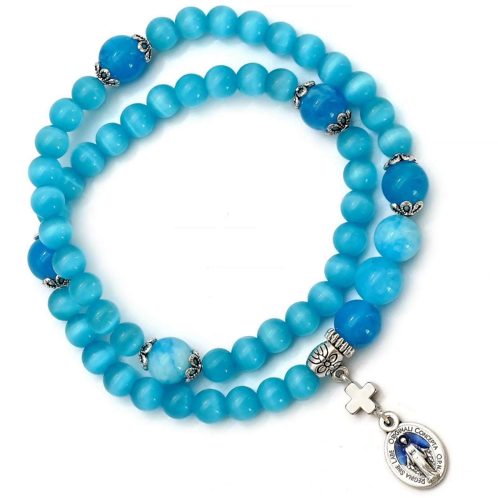 Pulsera Ajustable Minimalista con Piedras de Ojo de Gato Multicolores y Medalla Milagrosa