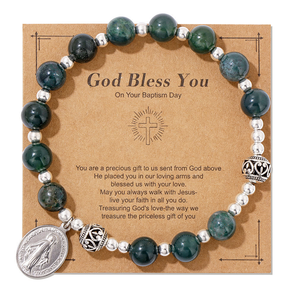 Pulsera Elástica de Piedras Preciosas Multicolores con Medalla Milagrosa: Conexión Espiritual Única