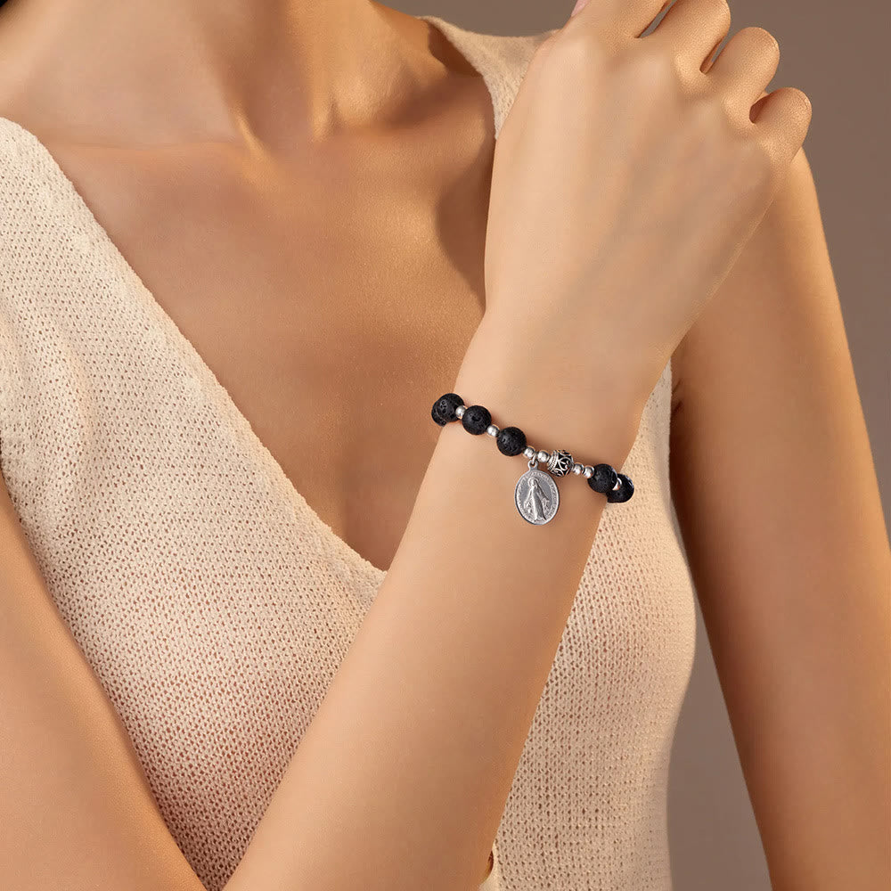 Pulsera Elástica de Piedras Preciosas Multicolores con Medalla Milagrosa: Conexión Espiritual Única