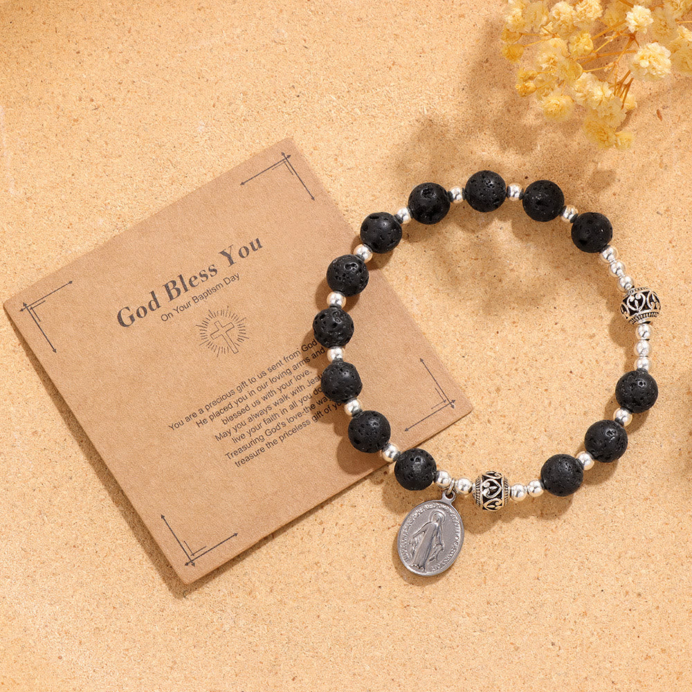 Pulsera Elástica de Piedras Preciosas Multicolores con Medalla Milagrosa: Conexión Espiritual Única