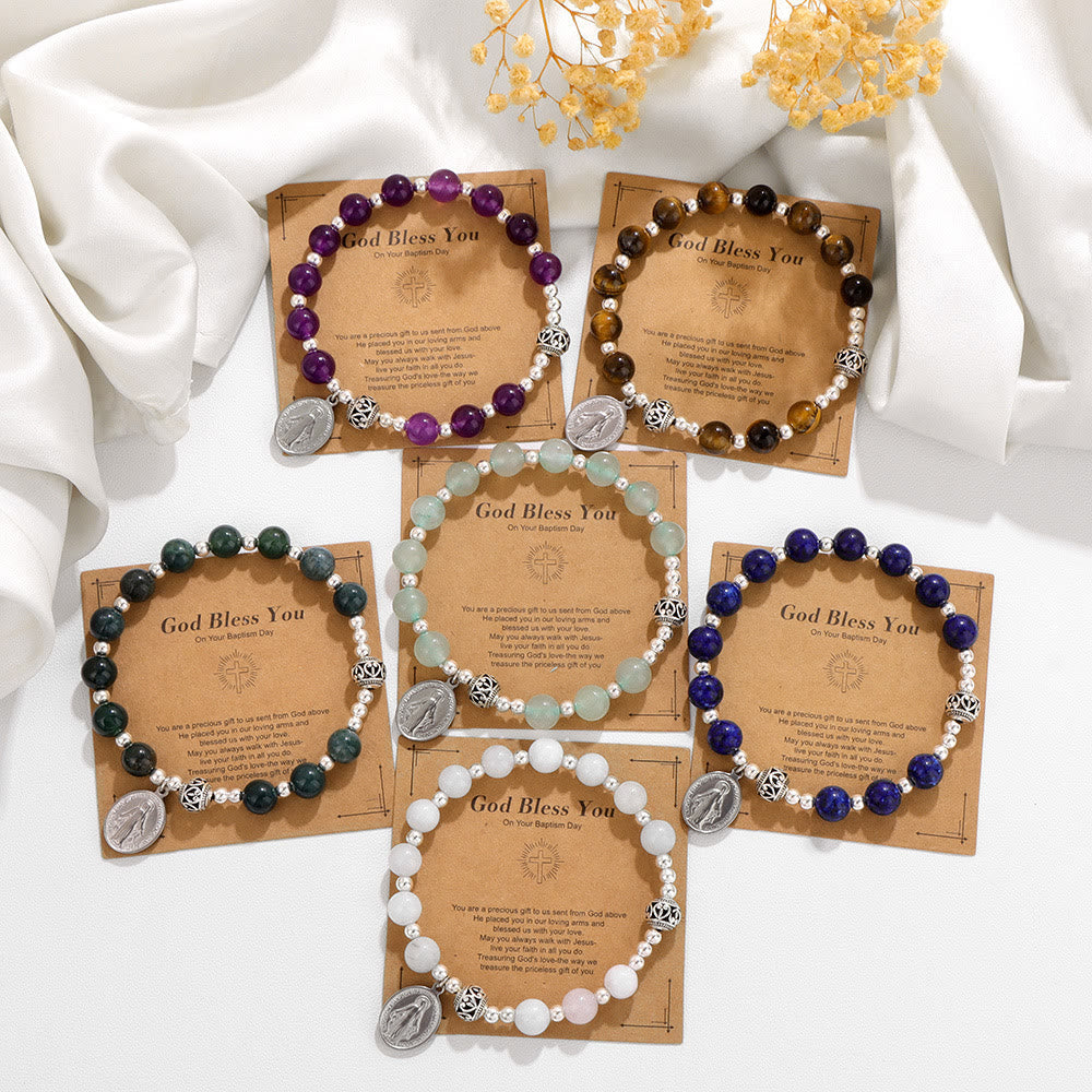Pulsera Elástica de Piedras Preciosas Multicolores con Medalla Milagrosa: Conexión Espiritual Única