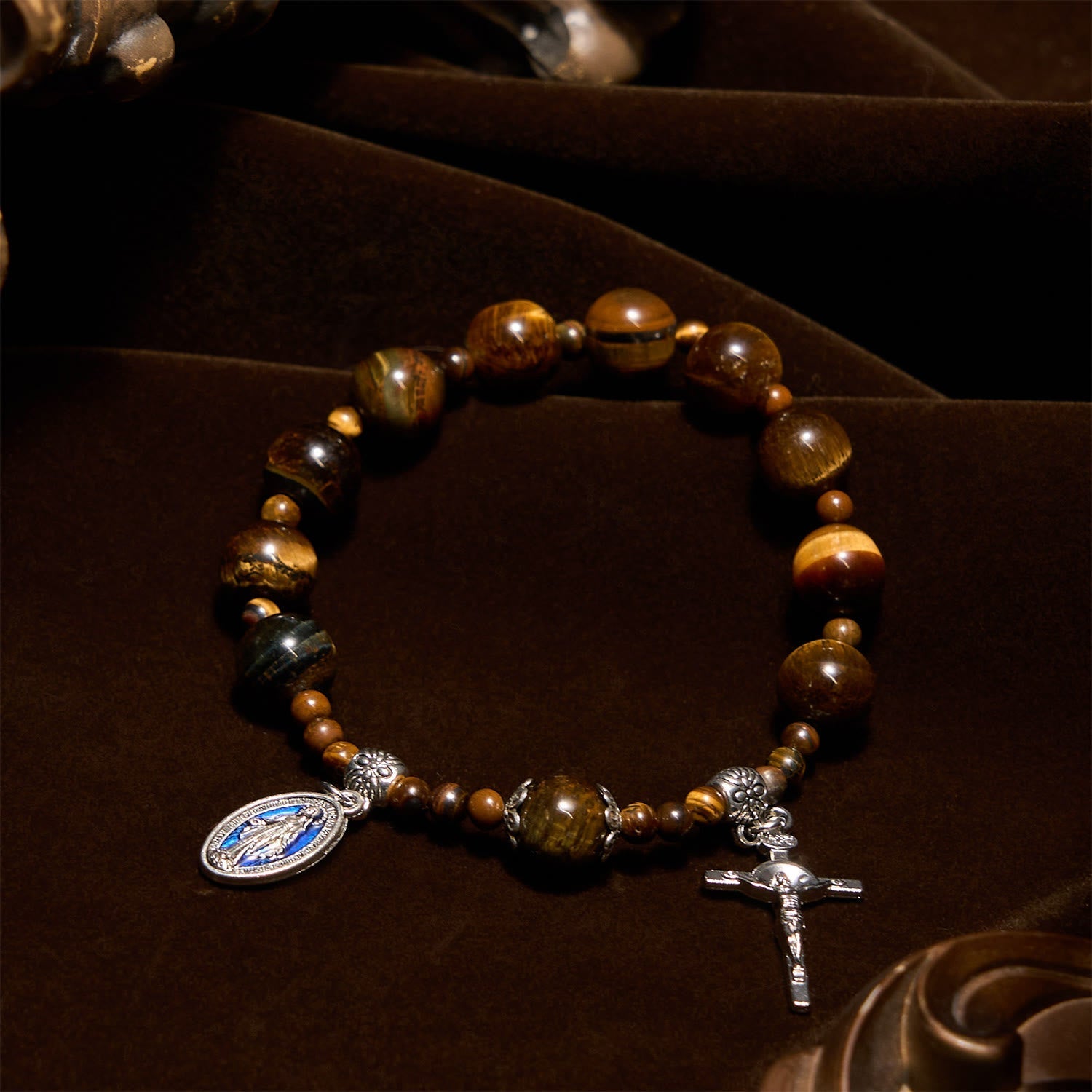 Pulsera de Rosario de Una Década con Piedra Ojo de Tigre Amarillo de 10mm