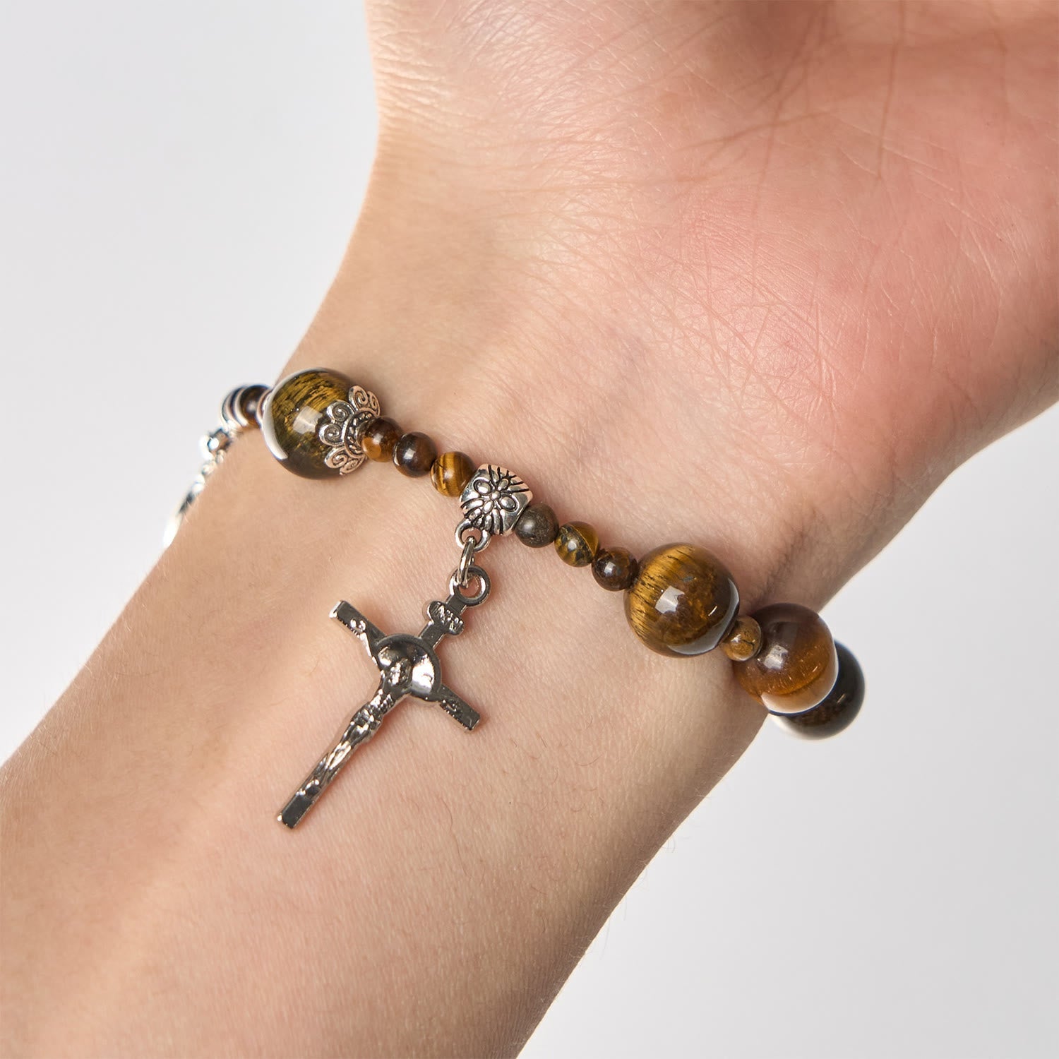 Pulsera de Rosario de Una Década con Piedra Ojo de Tigre Amarillo de 10mm