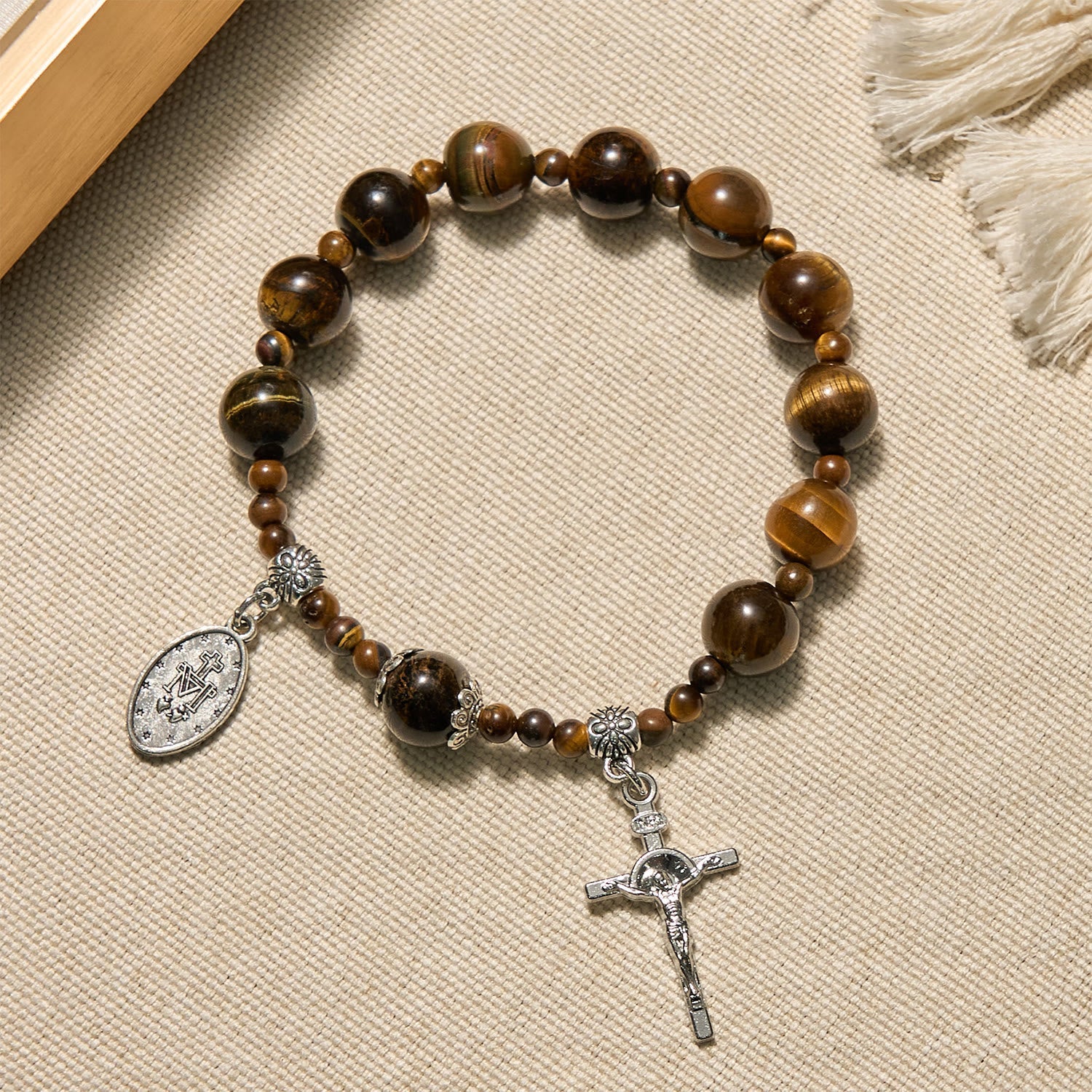 Pulsera de Rosario de Una Década con Piedra Ojo de Tigre Amarillo de 10mm