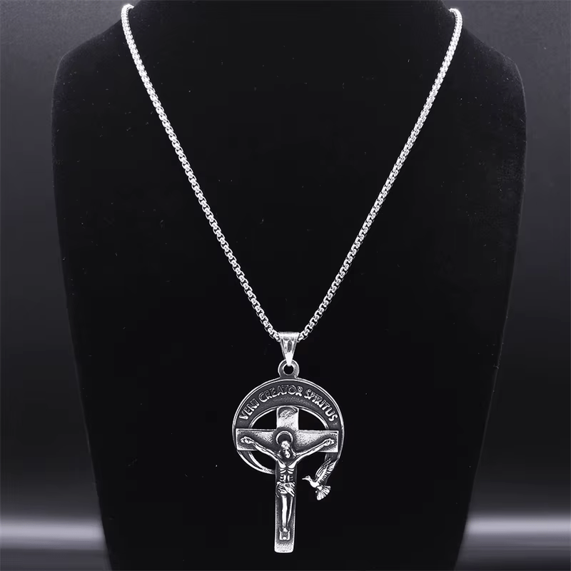 Crucifijo Sagrado Antiguo de Estilo Retro con Paloma del Espíritu Santo y Veni Creator Spiritus