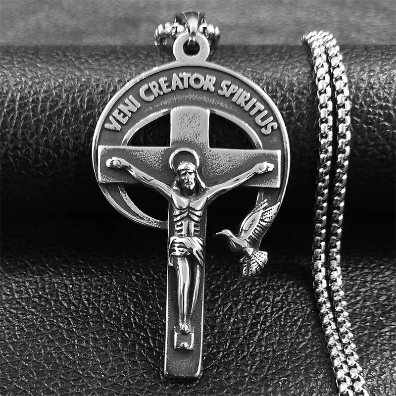 Crucifijo Sagrado Antiguo de Estilo Retro con Paloma del Espíritu Santo y Veni Creator Spiritus