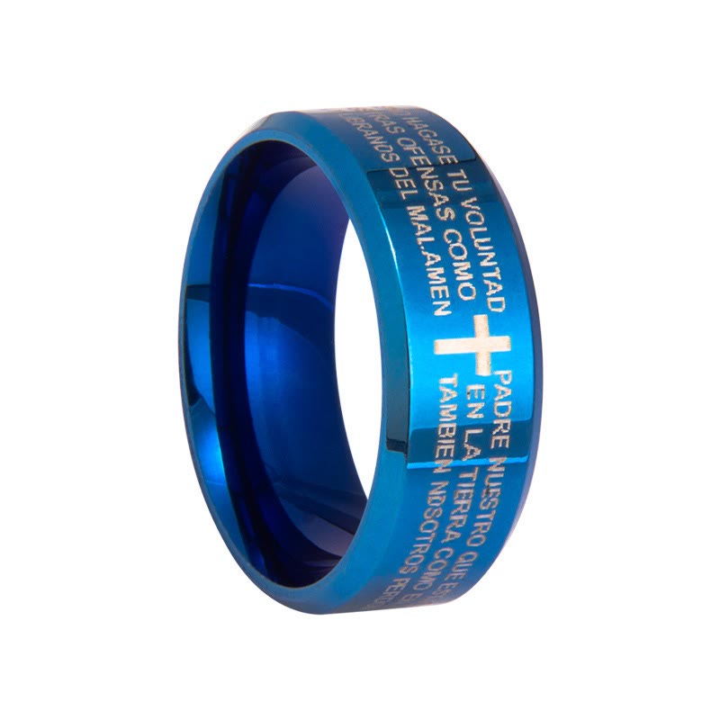 Anillo Minimalista de 8mm con Verso Sagrado en Tres Colores y Motivo de Cruz: Lleva Tu Fe