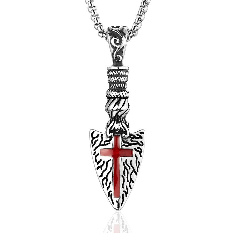 Collar de Punta de Lanza de Cruz Roja con Elementos Barrocos y Patrón de Pergamino Vintage