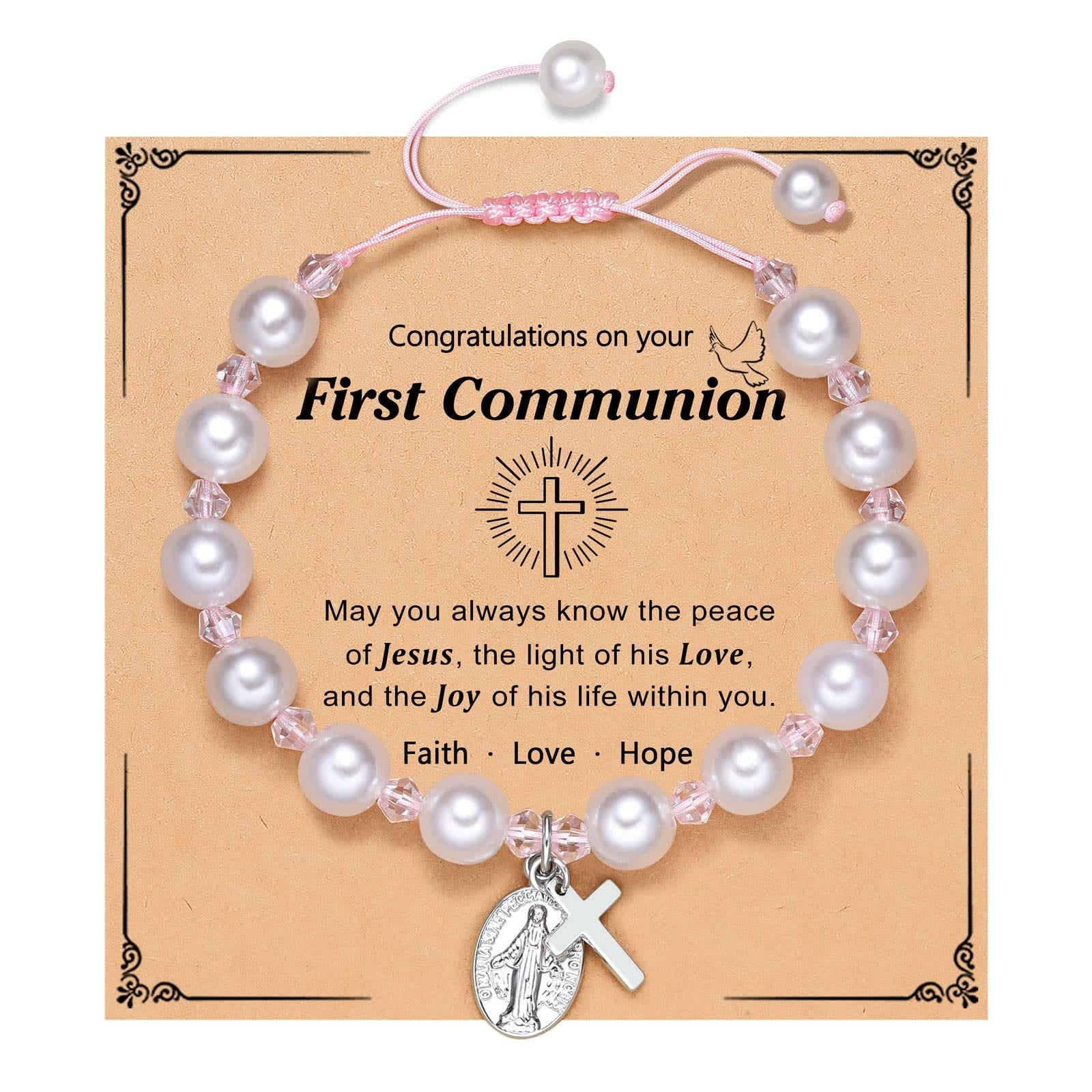 FE ORANTE: Pulsera de Regalo de Primera Comunión con Cruz y Tarjeta de Bendición