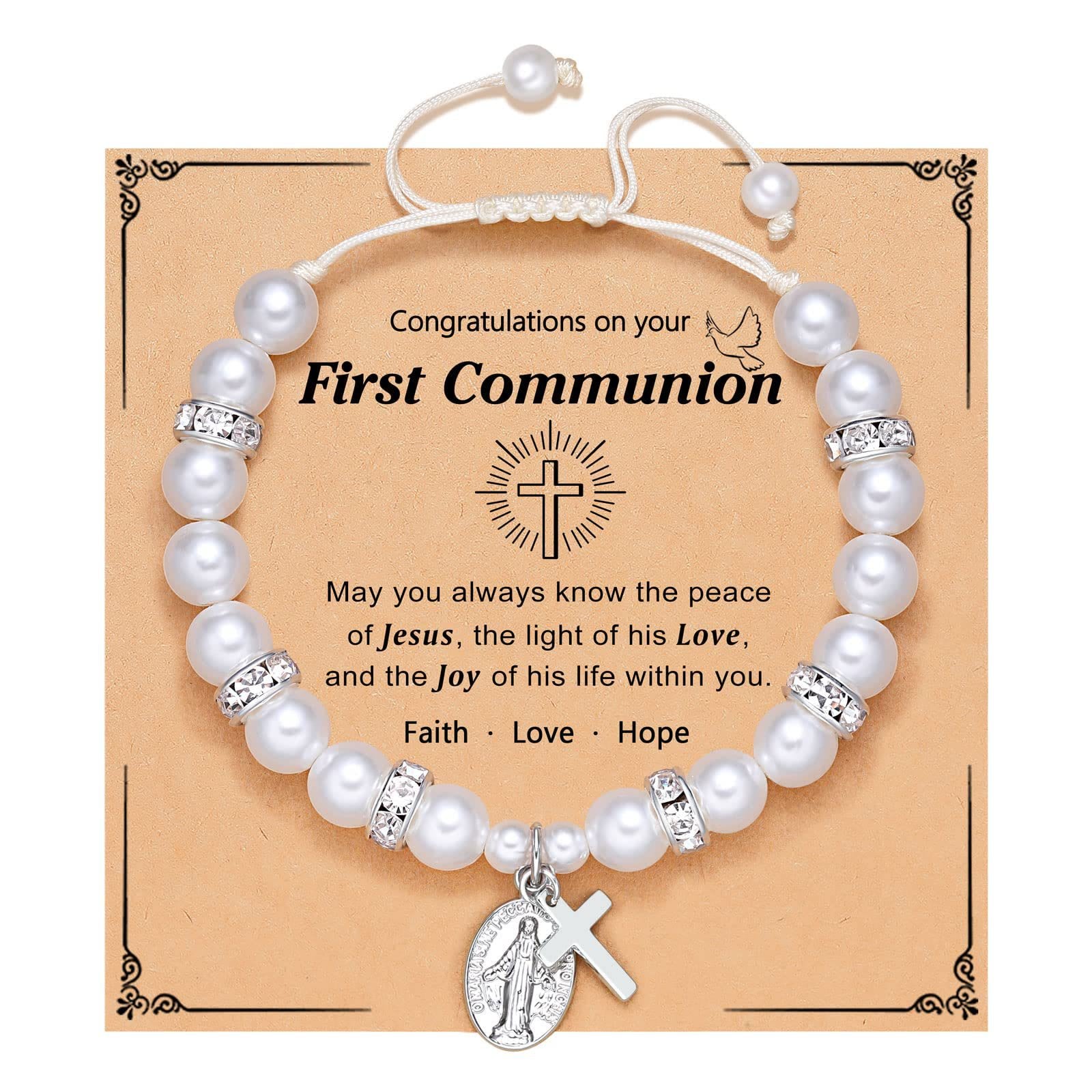 FE ORANTE: Pulsera de Regalo de Primera Comunión con Cruz y Tarjeta de Bendición