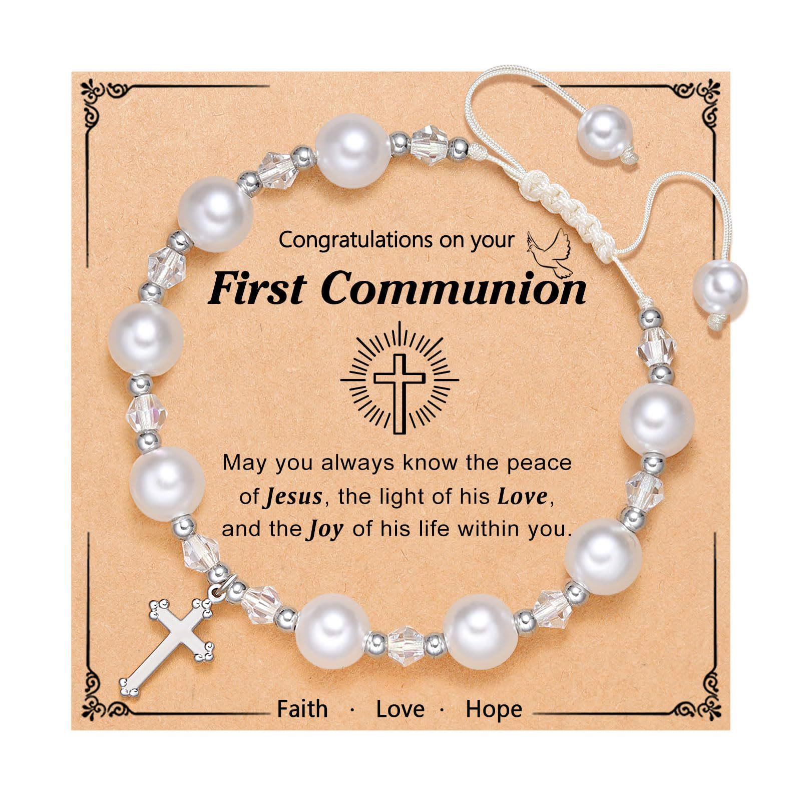 FE ORANTE: Pulsera de Regalo de Primera Comunión con Cruz y Tarjeta de Bendición