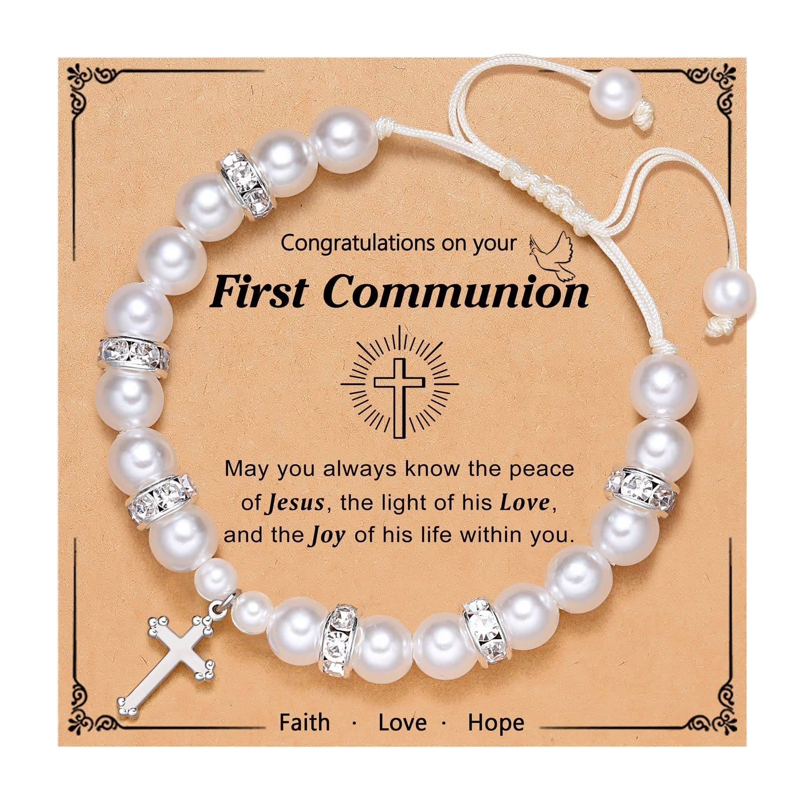 FE ORANTE: Pulsera de Regalo de Primera Comunión con Cruz y Tarjeta de Bendición