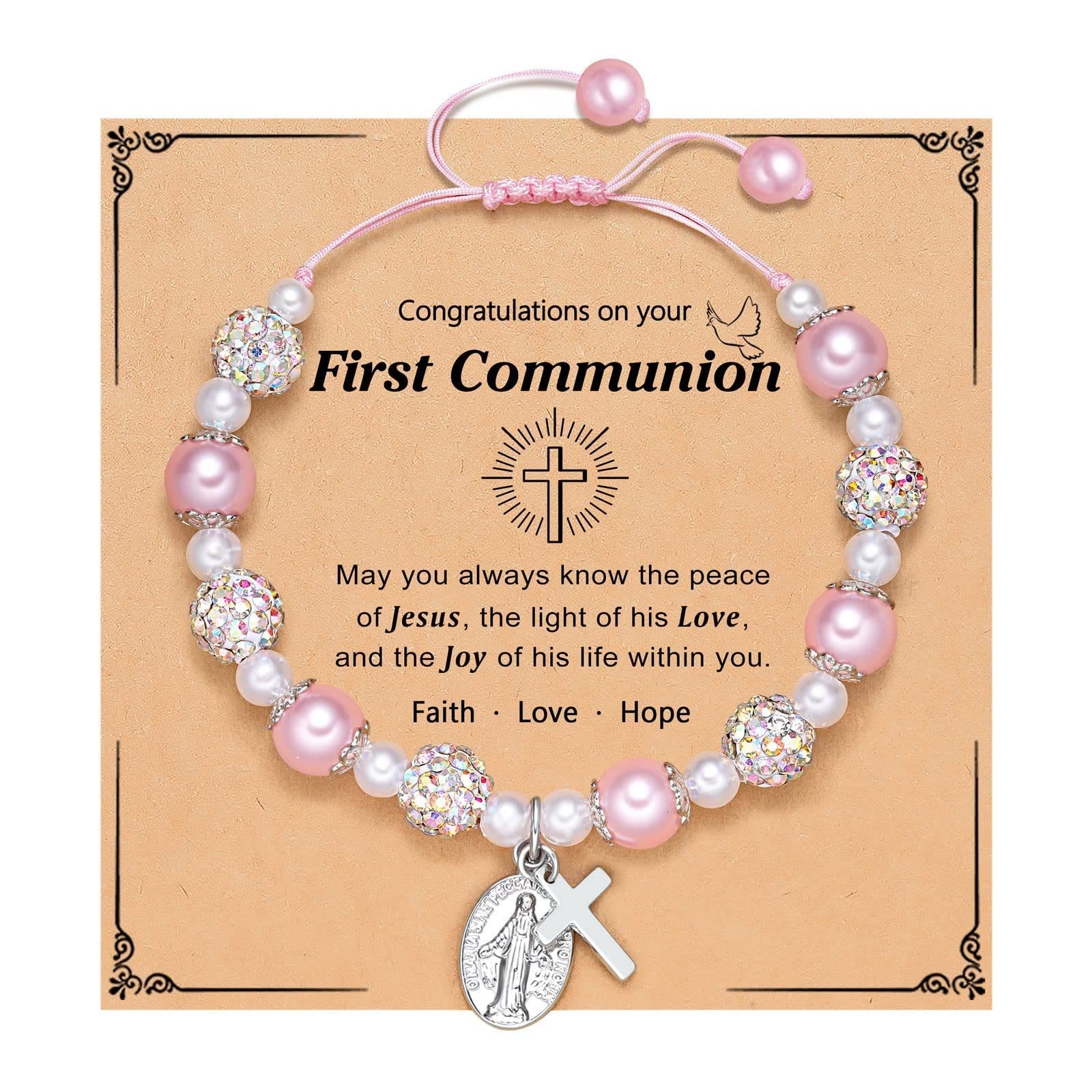 FE ORANTE: Pulsera de Regalo de Primera Comunión con Cruz y Tarjeta de Bendición