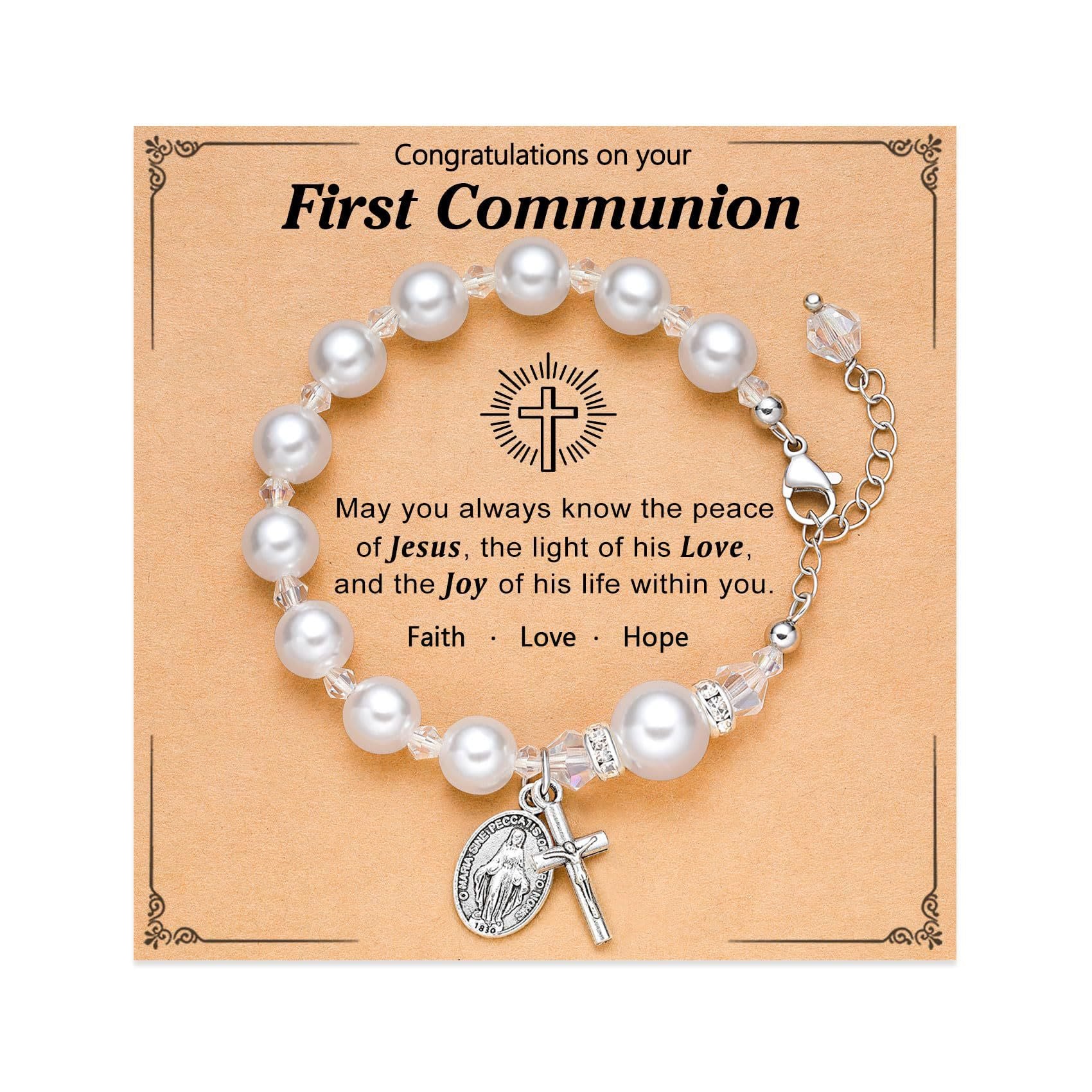 FE ORANTE: Pulsera de Regalo de Primera Comunión con Cruz y Tarjeta de Bendición