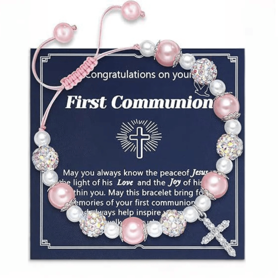 FE ORANTE: Pulsera de Regalo de Primera Comunión con Cruz y Tarjeta de Bendición