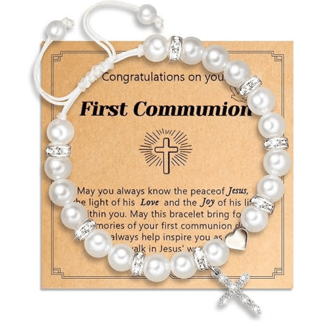 FE ORANTE: Pulsera de Regalo de Primera Comunión con Cruz y Tarjeta de Bendición