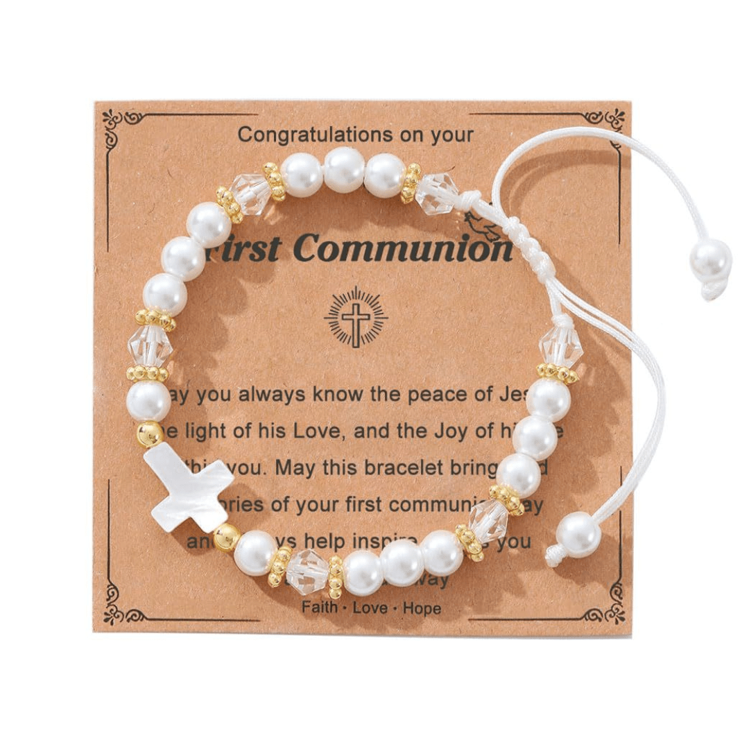 FE ORANTE: Pulsera de Regalo de Primera Comunión con Cruz y Tarjeta de Bendición