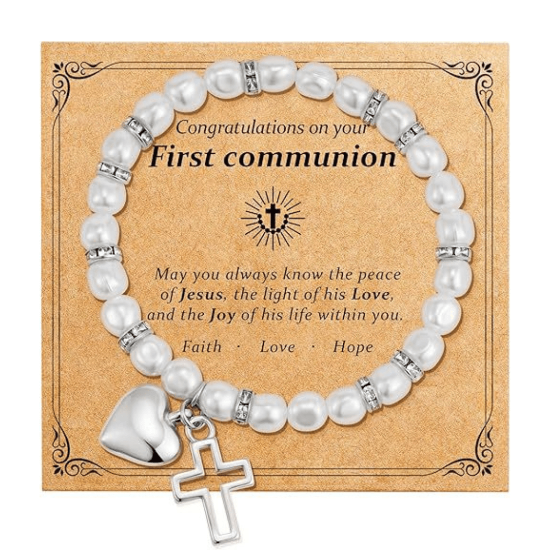 FE ORANTE: Pulsera de Regalo de Primera Comunión con Cruz y Tarjeta de Bendición