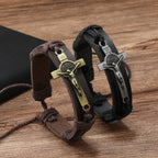 Pulsera Ajustable de Cuero Marrón o Negro de Estilo Clásico con Crucifijo