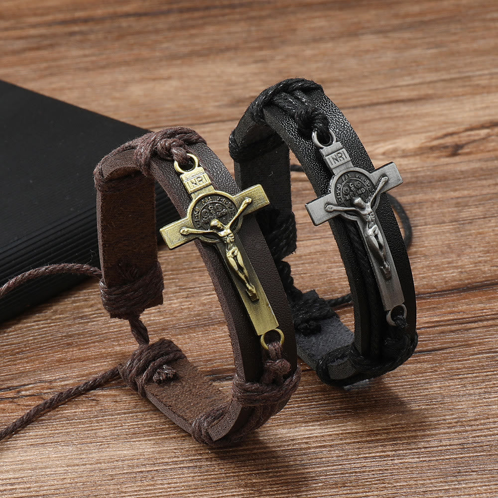 Pulsera Ajustable de Cuero Marrón o Negro de Estilo Clásico con Crucifijo