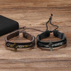 Pulsera Ajustable de Cuero Marrón o Negro de Estilo Clásico con Crucifijo
