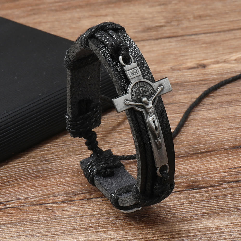 Pulsera Ajustable de Cuero Marrón o Negro de Estilo Clásico con Crucifijo
