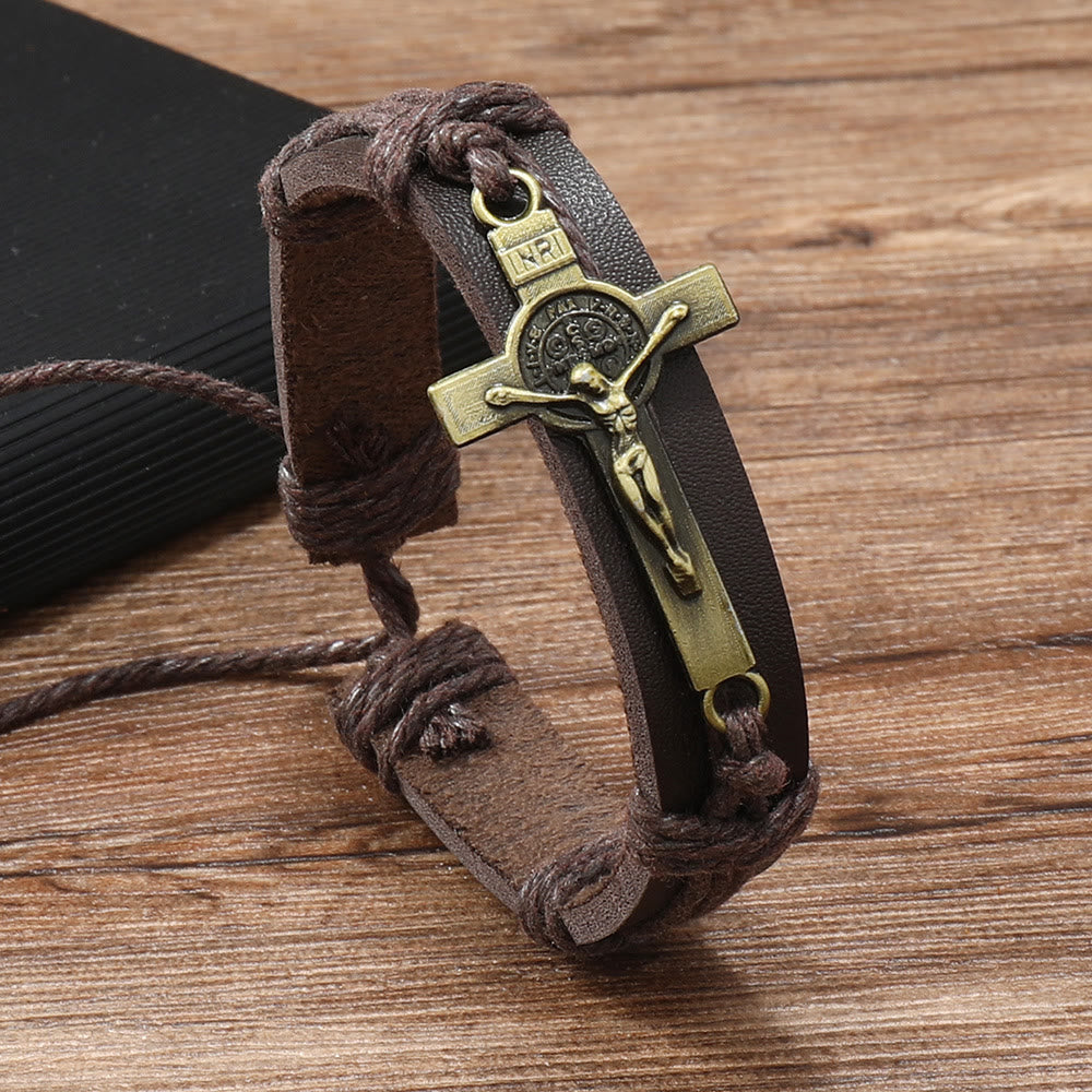 Pulsera Ajustable de Cuero Marrón o Negro de Estilo Clásico con Crucifijo