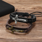 Pulsera Ajustable de Cuero Marrón o Negro de Estilo Clásico con Crucifijo