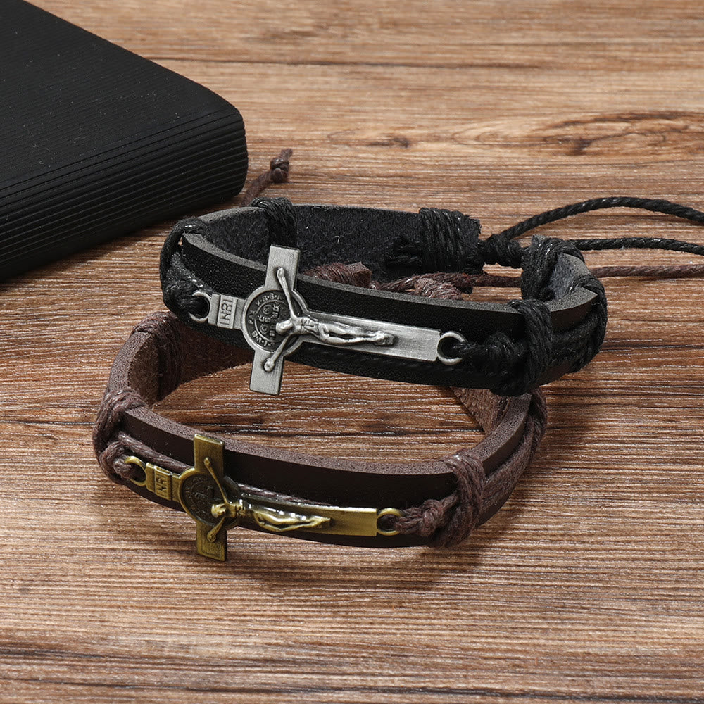 Pulsera Ajustable de Cuero Marrón o Negro de Estilo Clásico con Crucifijo