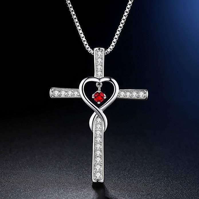 Collar de Cruz con Piedra de Nacimiento de 12 Meses y Diseño de Corazón con Acentos Brillantes