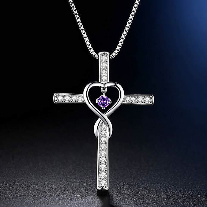 Collar de Cruz con Piedra de Nacimiento de 12 Meses y Diseño de Corazón con Acentos Brillantes