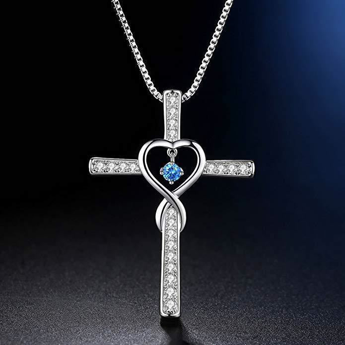 Collar de Cruz con Piedra de Nacimiento de 12 Meses y Diseño de Corazón con Acentos Brillantes