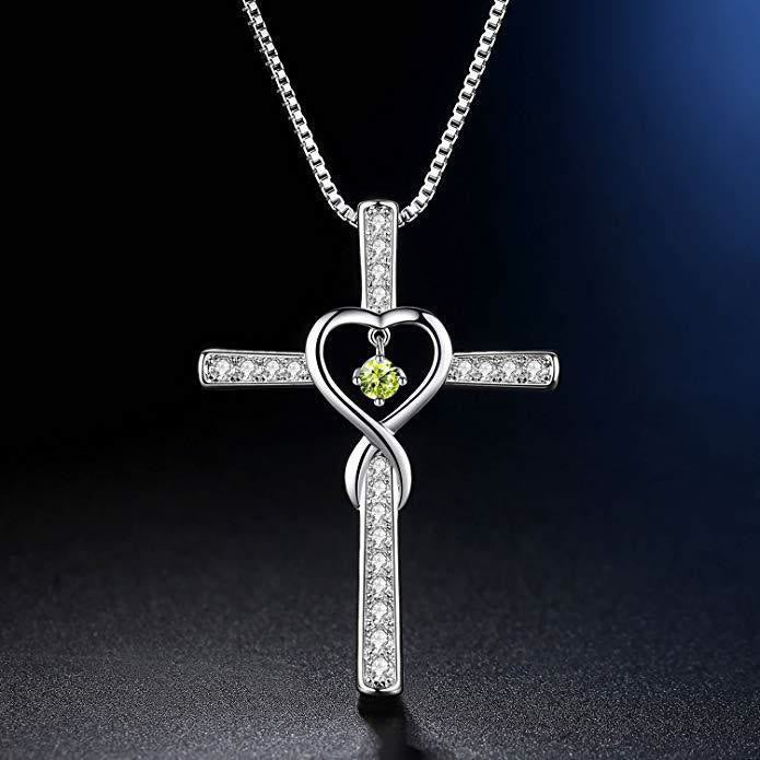 Collar de Cruz con Piedra de Nacimiento de 12 Meses y Diseño de Corazón con Acentos Brillantes