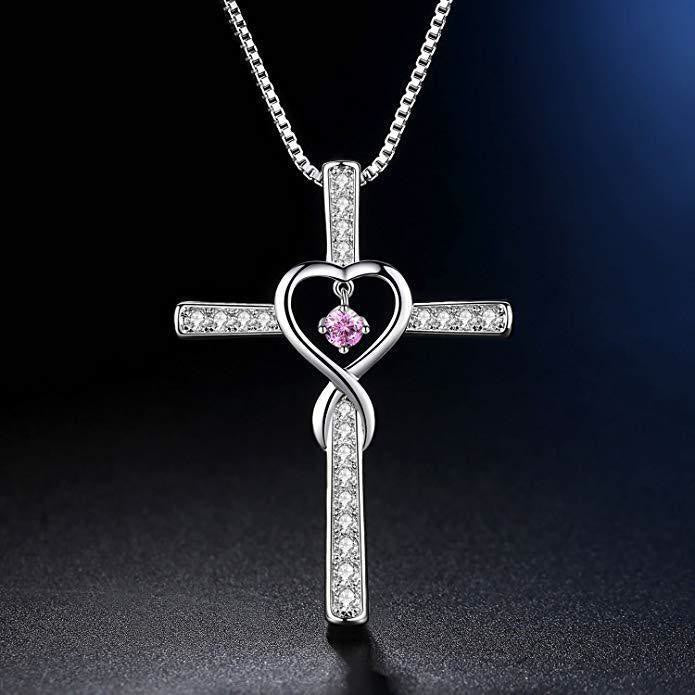 Collar de Cruz con Piedra de Nacimiento de 12 Meses y Diseño de Corazón con Acentos Brillantes