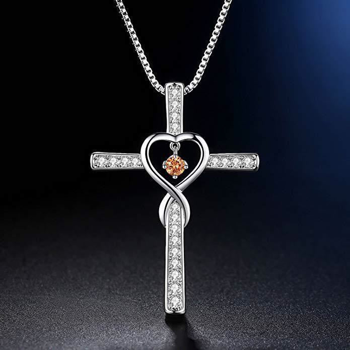 Collar de Cruz con Piedra de Nacimiento de 12 Meses y Diseño de Corazón con Acentos Brillantes