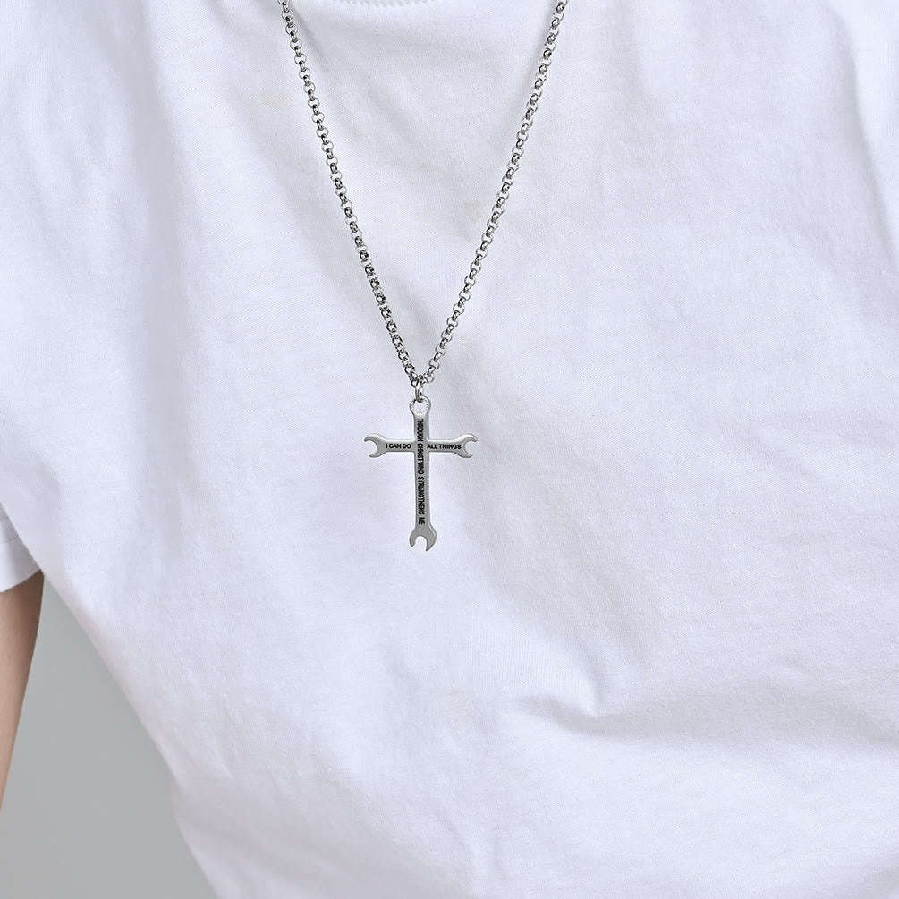 Collar de Cruz de Llave Tricolor Minimalista con Versículo de la Biblia sobre Fe y Fuerza