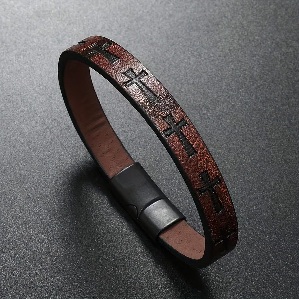 Pulsera de Cuero Multicolor de Estilo Clásico con Hebilla Magnética y Motivos de Cruz