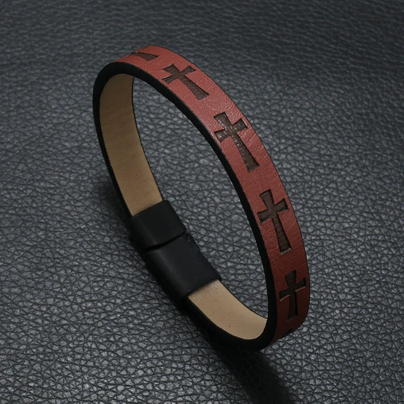 Pulsera de Cuero Multicolor de Estilo Clásico con Hebilla Magnética y Motivos de Cruz