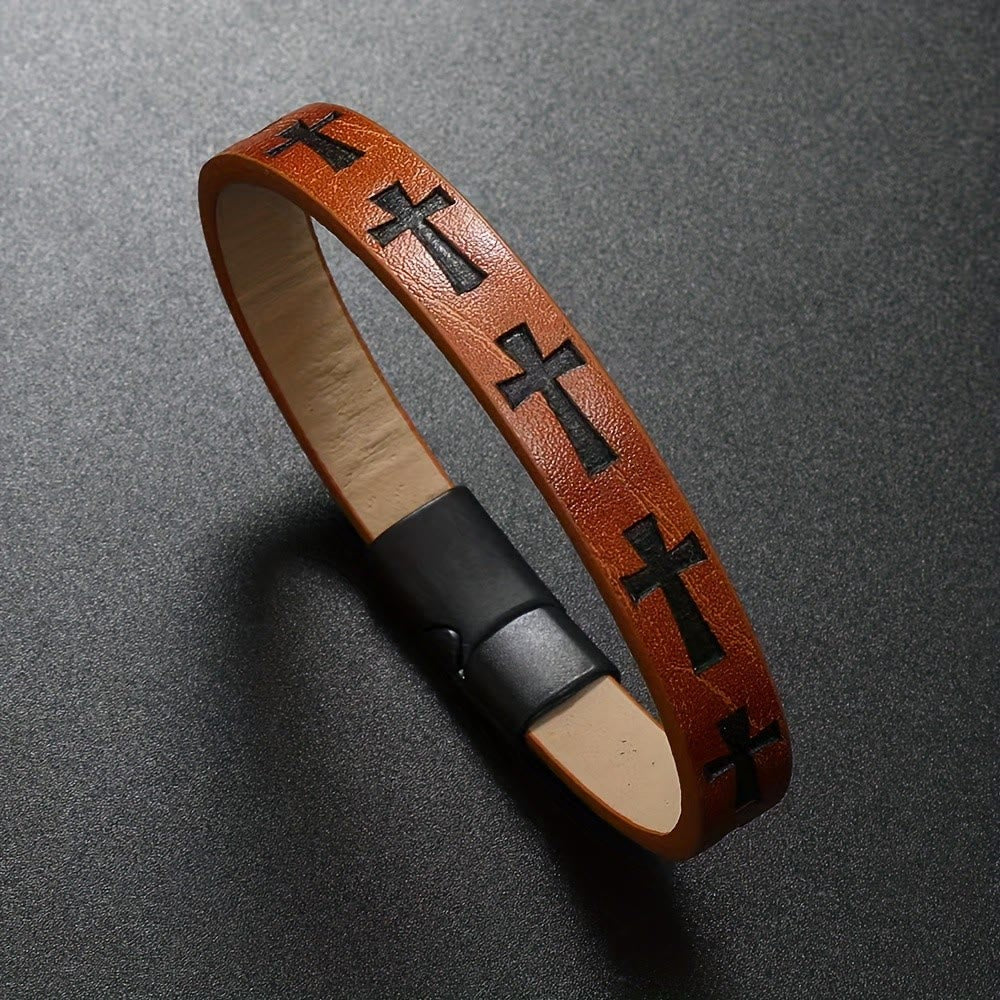 Pulsera de Cuero Multicolor de Estilo Clásico con Hebilla Magnética y Motivos de Cruz