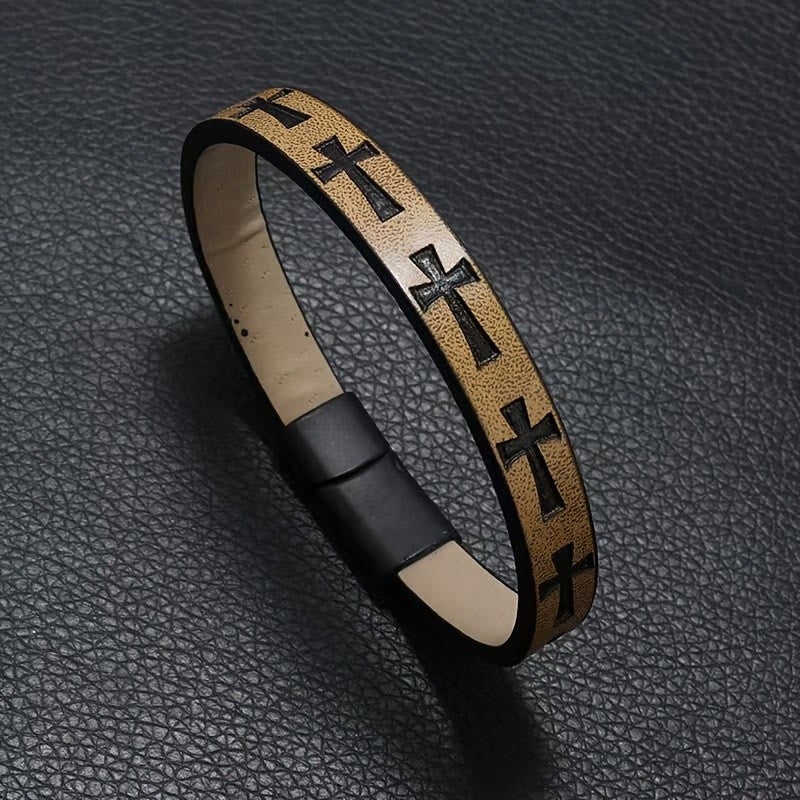 Pulsera de Cuero Multicolor de Estilo Clásico con Hebilla Magnética y Motivos de Cruz