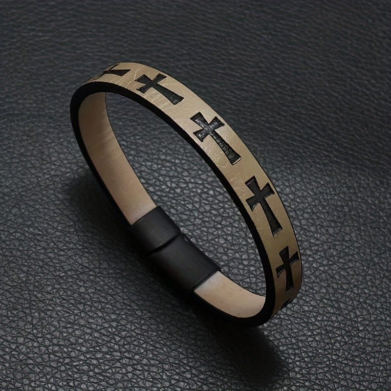 Pulsera de Cuero Multicolor de Estilo Clásico con Hebilla Magnética y Motivos de Cruz