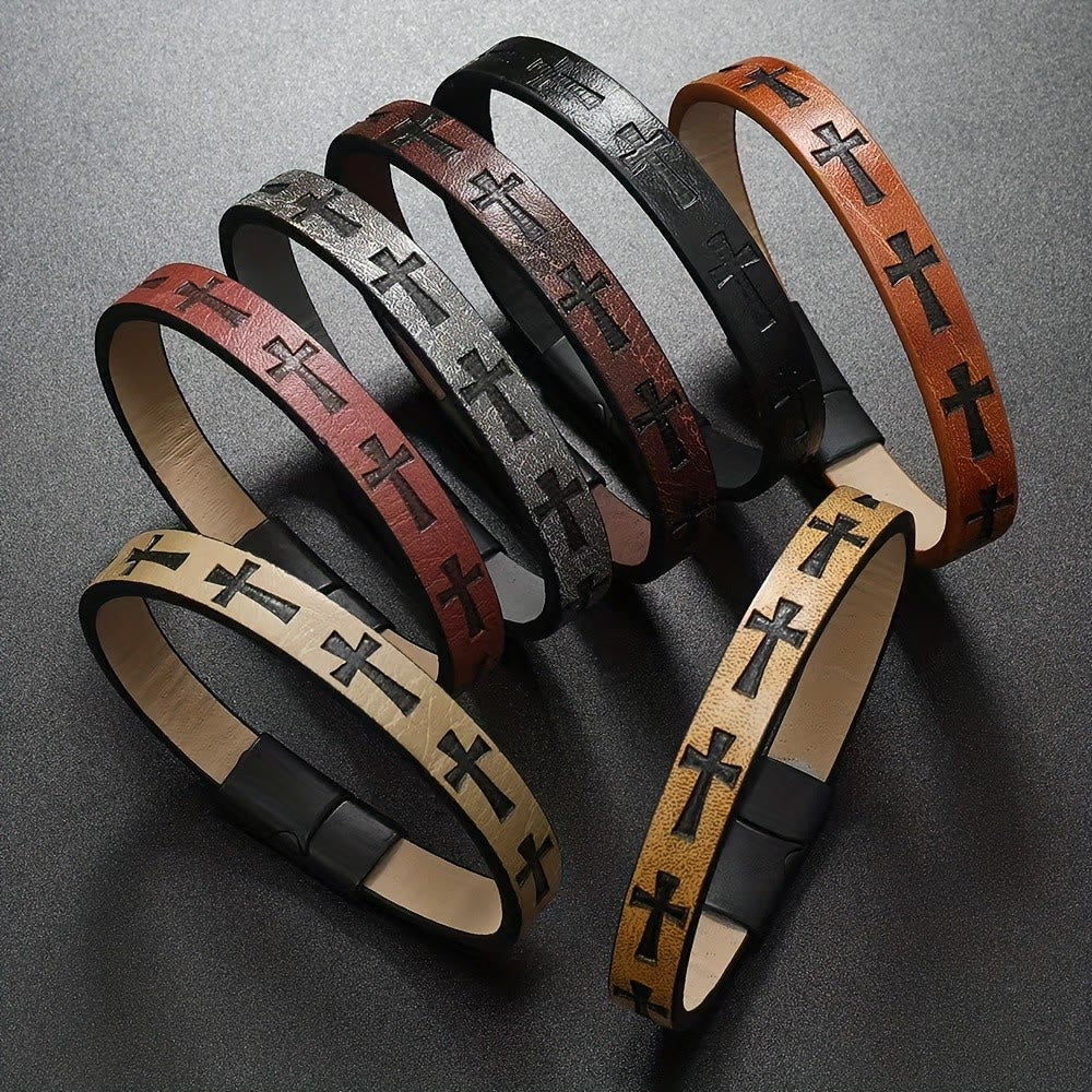 Pulsera de Cuero Multicolor de Estilo Clásico con Hebilla Magnética y Motivos de Cruz