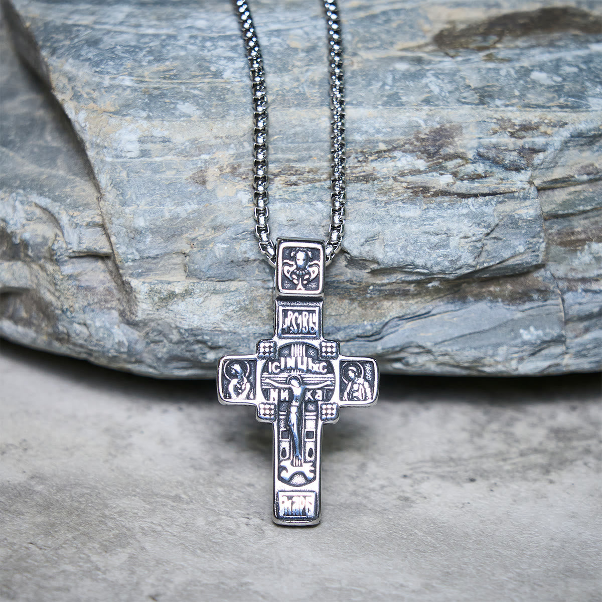 Collar de Cruz Ortodoxa Sagrada de Acero de Titanio Vintage con Script Religioso