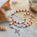 Pulsera de Cuarzo Naranja y Blanco con Caras de Gato, Rosario Animal de Acero Inoxidable