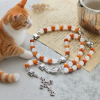 Pulsera de Cuarzo Naranja y Blanco con Caras de Gato, Rosario Animal de Acero Inoxidable