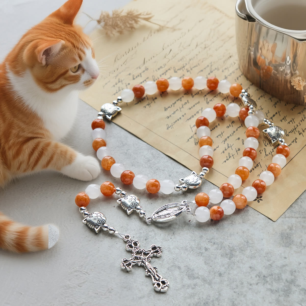 Pulsera de Cuarzo Naranja y Blanco con Caras de Gato, Rosario Animal de Acero Inoxidable
