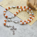 Pulsera de Cuarzo Naranja y Blanco con Caras de Gato, Rosario Animal de Acero Inoxidable