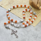 Pulsera de Cuarzo Naranja y Blanco con Caras de Gato, Rosario Animal de Acero Inoxidable
