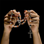 Pulsera de Cuarzo Naranja y Blanco con Caras de Gato, Rosario Animal de Acero Inoxidable