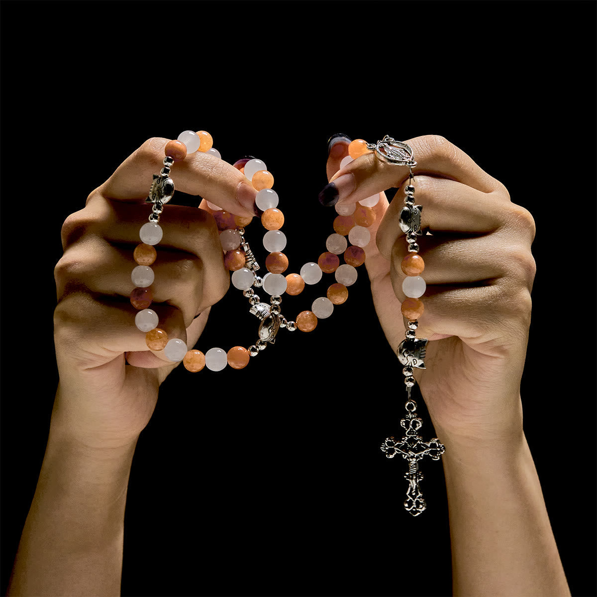 Pulsera de Cuarzo Naranja y Blanco con Caras de Gato, Rosario Animal de Acero Inoxidable
